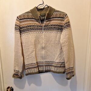Cream and Brown Zip Up Nordic Sweater